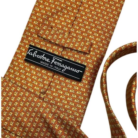 SALVATORE FERRAGAMO Men's Silk Necktie LUXURY Orange Baby Elephant W:3.7" EUC - Picture 2 of 5